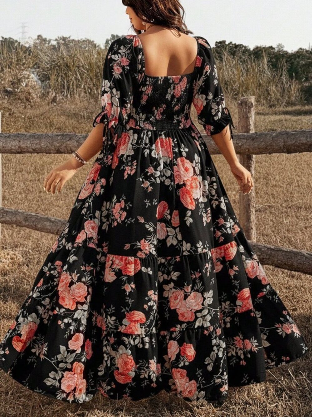 Black Boho Women's short Sleeve floral A-Line Maxi Dress - Picture 2 of 7